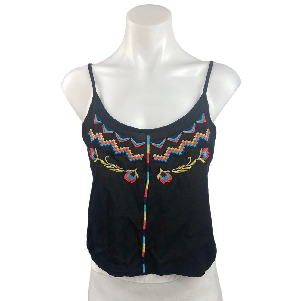 Love Squared Black Floral Embroidered Cami Camisole Boho Hippie Tank Top Size M